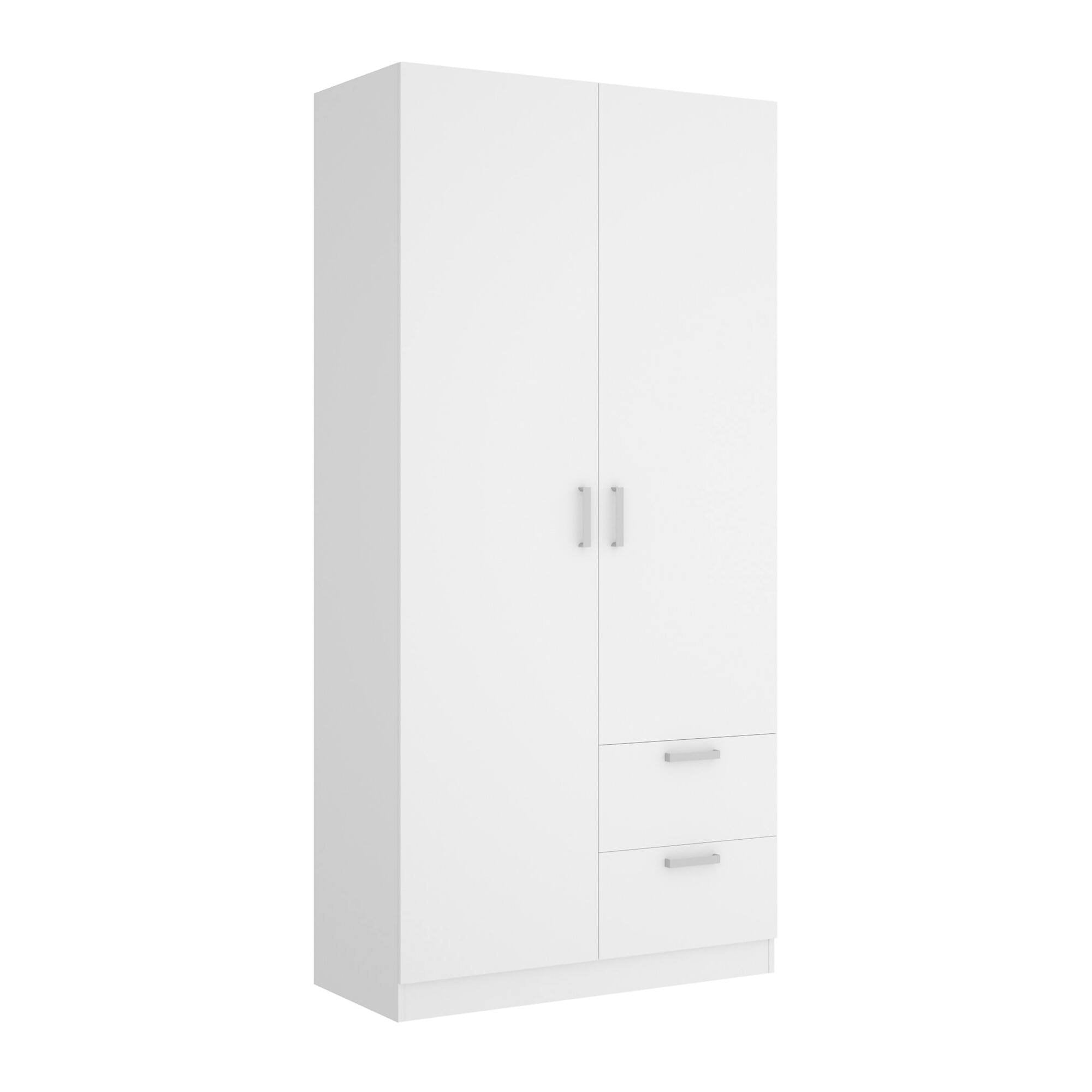 Guardaroba Amp, Mobile appendiabiti per camera da letto, Armadio a 2 ante battenti e 2 cassetti, 100x52h215 cm, Bianco