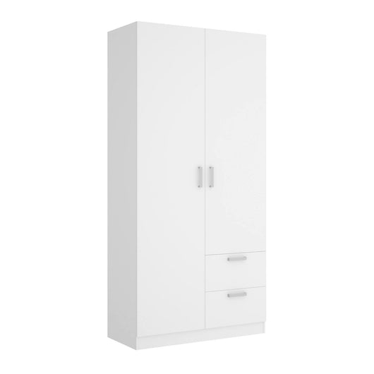 Guardaroba Amp, Mobile appendiabiti per camera da letto, Armadio a 2 ante battenti e 2 cassetti, 100x52h215 cm, Bianco