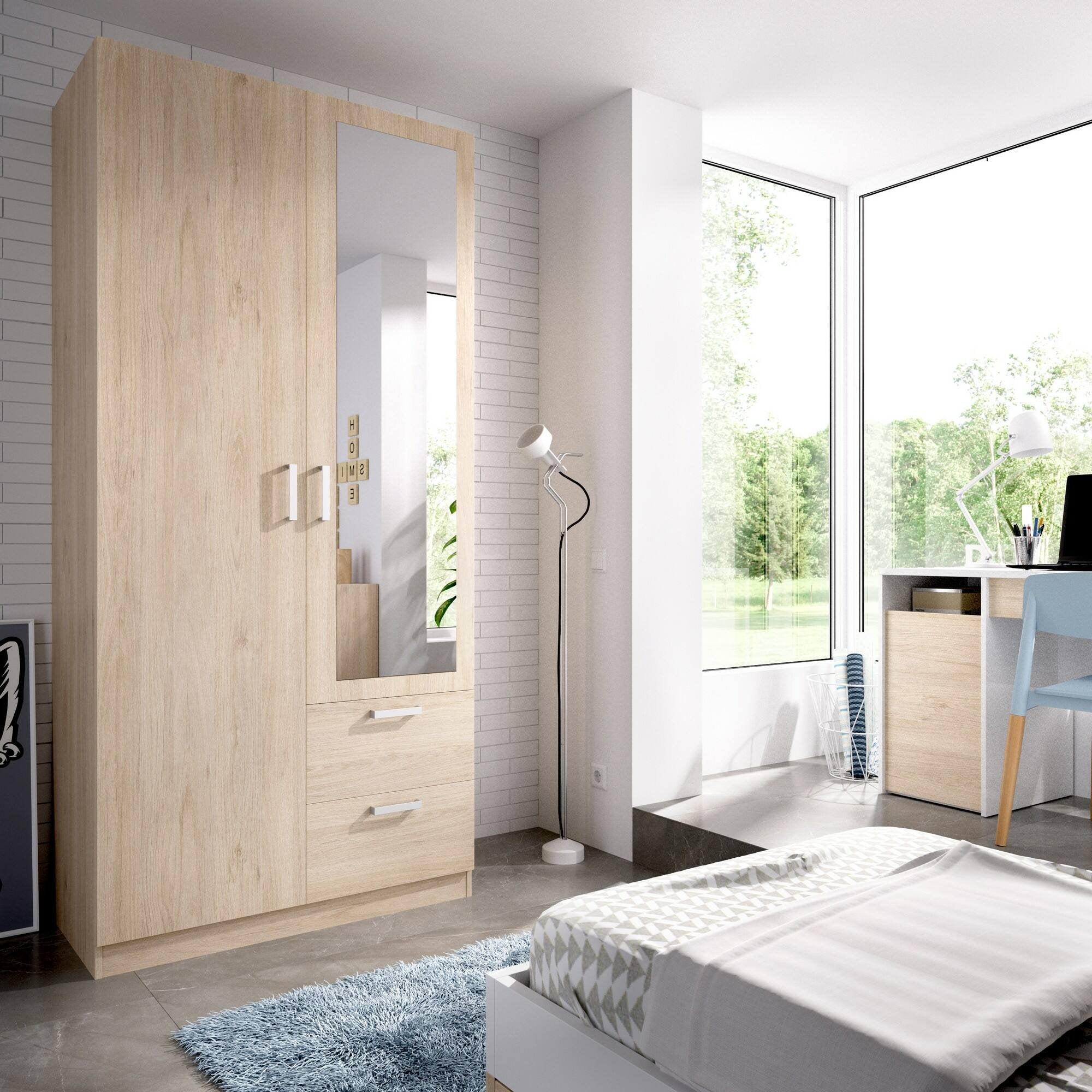 Guardaroba Amp, Mobile appendiabiti per camera da letto, Armadio a 2 ante battenti e 2 cassetti, 100x52h215 cm, Rovere