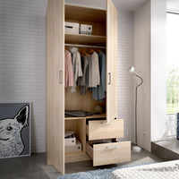 Guardaroba Amp, Mobile appendiabiti per camera da letto, Armadio a 2 ante battenti e 2 cassetti, 100x52h215 cm, Rovere