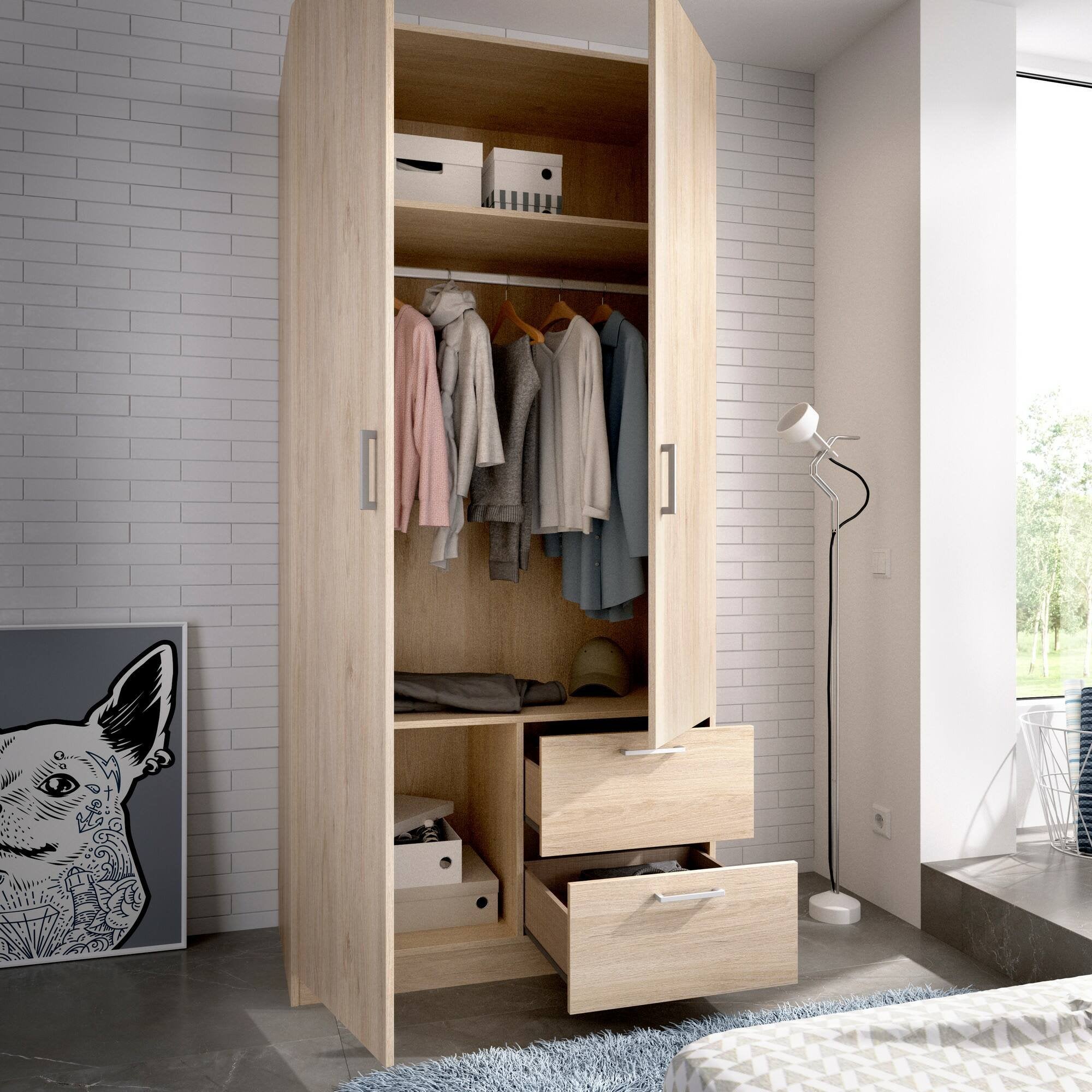 Guardaroba Amp, Mobile appendiabiti per camera da letto, Armadio a 2 ante battenti e 2 cassetti, 100x52h215 cm, Rovere