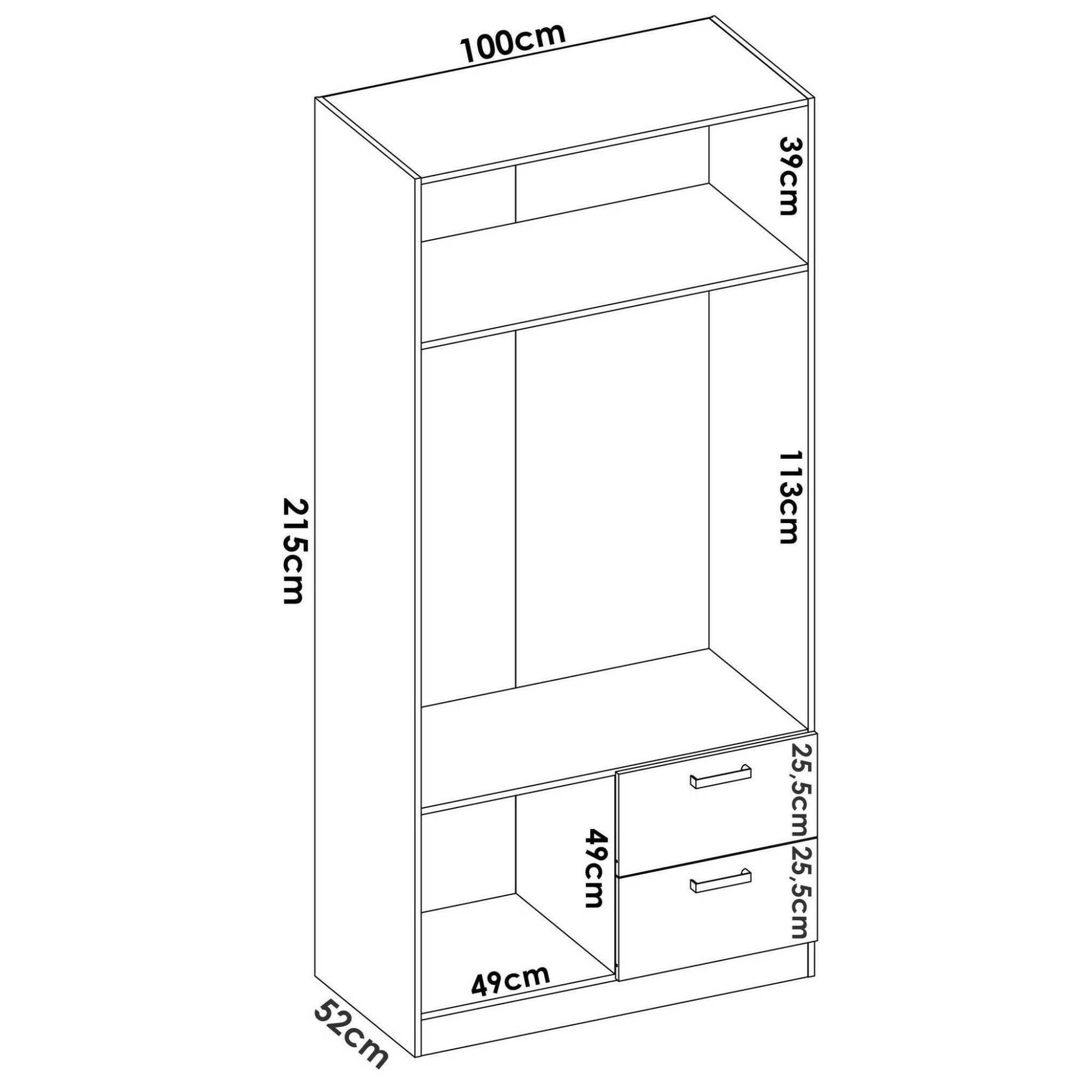 Guardaroba Amp, Mobile appendiabiti per camera da letto, Armadio a 2 ante battenti e 2 cassetti, 100x52h215 cm, Rovere