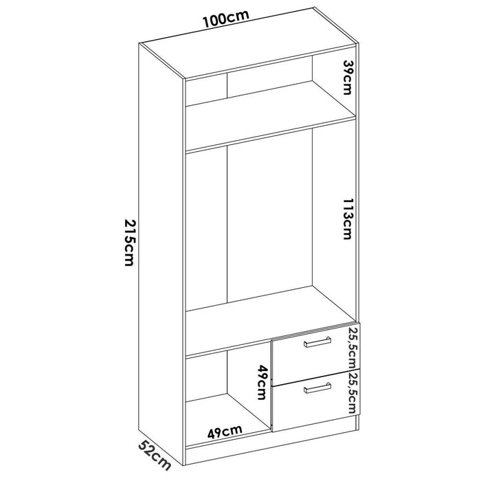 Guardaroba Amp, Mobile appendiabiti per camera da letto, Armadio a 2 ante battenti e 2 cassetti, 100x52h215 cm, Rovere