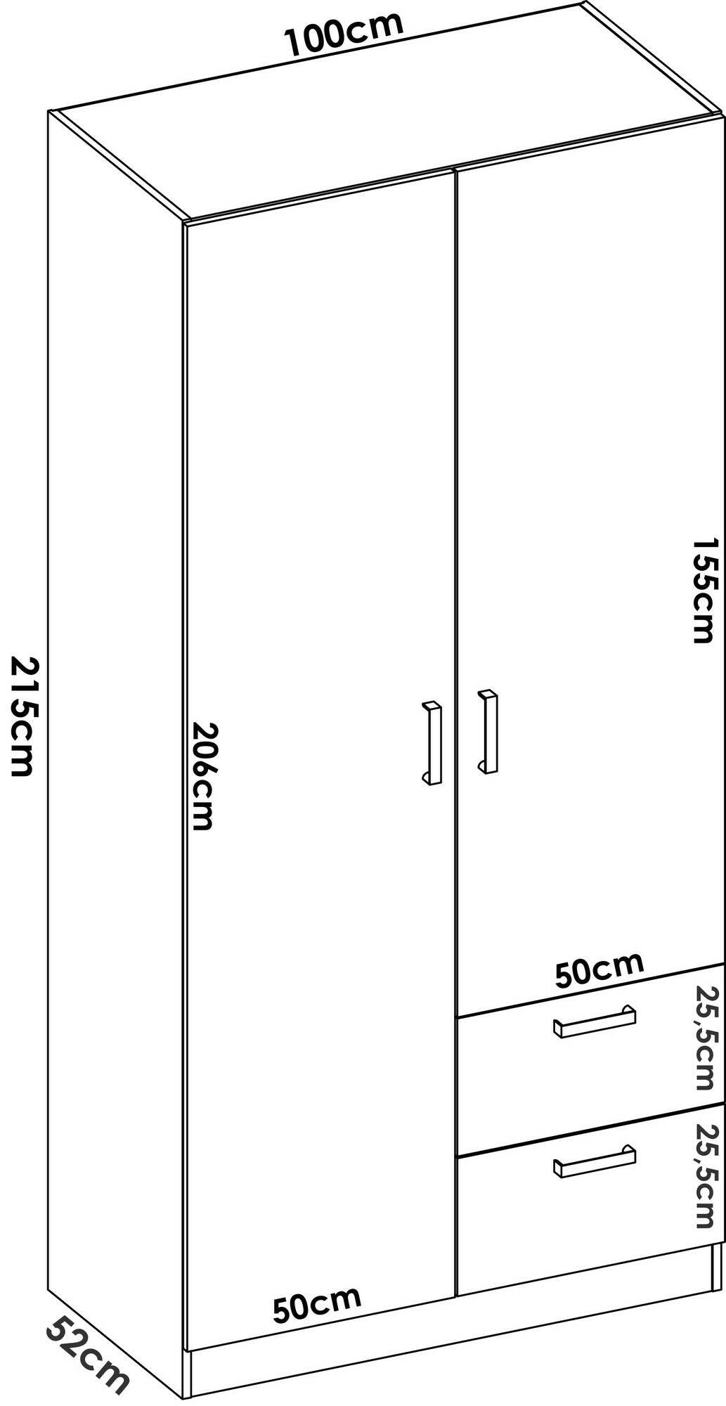Guardaroba Amp, Mobile appendiabiti per camera da letto, Armadio a 2 ante battenti e 2 cassetti, 100x52h215 cm, Rovere