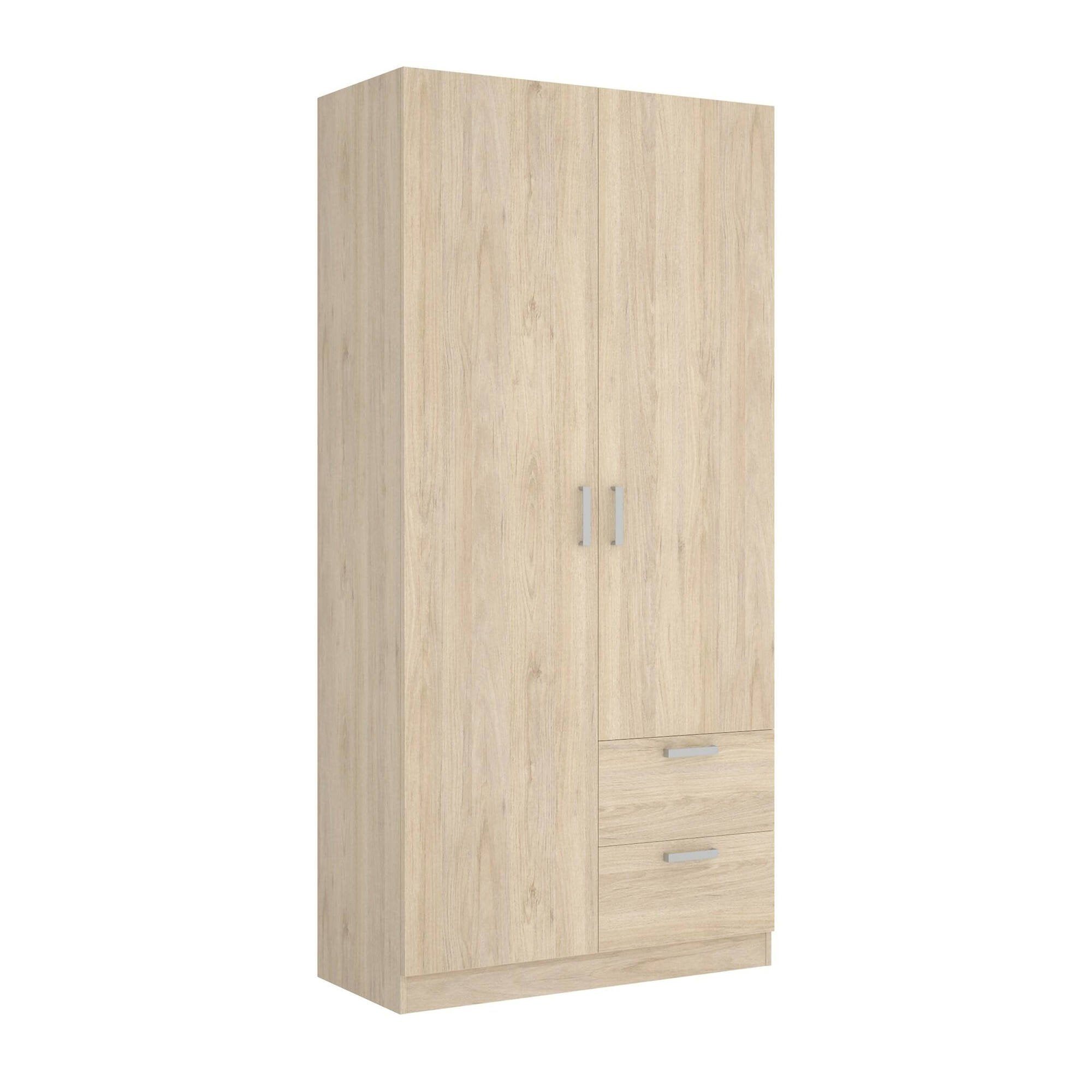 Guardaroba Amp, Mobile appendiabiti per camera da letto, Armadio a 2 ante battenti e 2 cassetti, 100x52h215 cm, Rovere