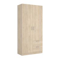 Guardaroba Amp, Mobile appendiabiti per camera da letto, Armadio a 2 ante battenti e 2 cassetti, 100x52h215 cm, Rovere