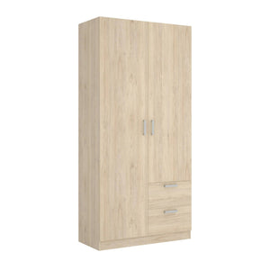 Guardaroba Amp, Mobile appendiabiti per camera da letto, Armadio a 2 ante battenti e 2 cassetti, 100x52h215 cm, Rovere