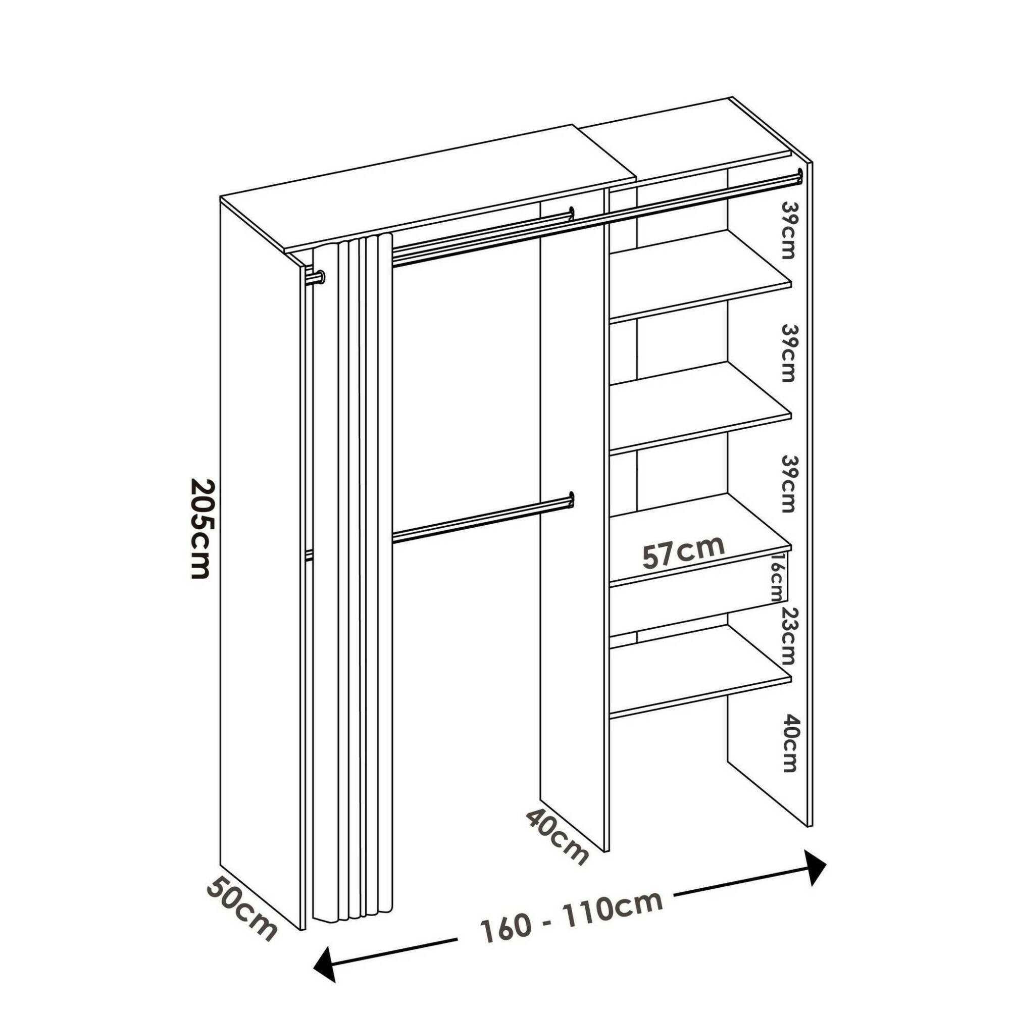 Guardaroba Arim, Struttura per cabina armadio con tenda, Mobile appendiabiti aperto, 160x50h203 cm, Rovere