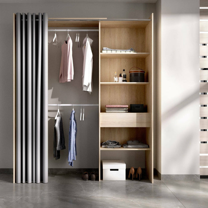 Guardaroba Arim, Struttura per cabina armadio con tenda, Mobile appendiabiti aperto, 160x50h203 cm, Rovere