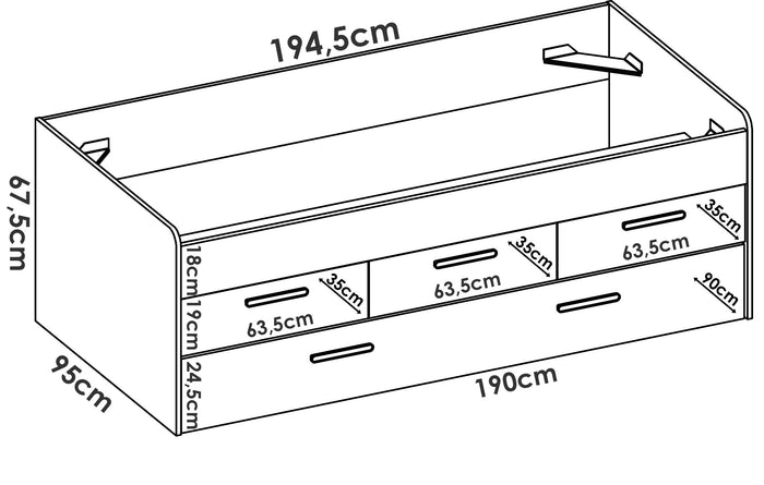 Letto per bambini Aftro, Struttura con secondo lettino estraibile, Letto singolo per cameretta con 3 cassettoni, 194x95h68 cm, Bianco