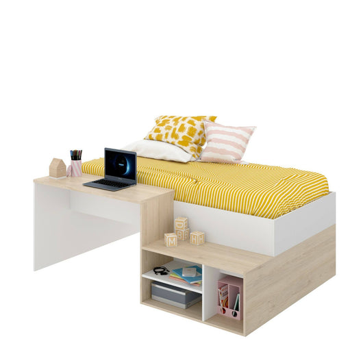 Letto per bambini Argh, Lettino singolo per cameretta, Set con scrivania e scaffali, 195x134h73 cm, Bianco e Rovere