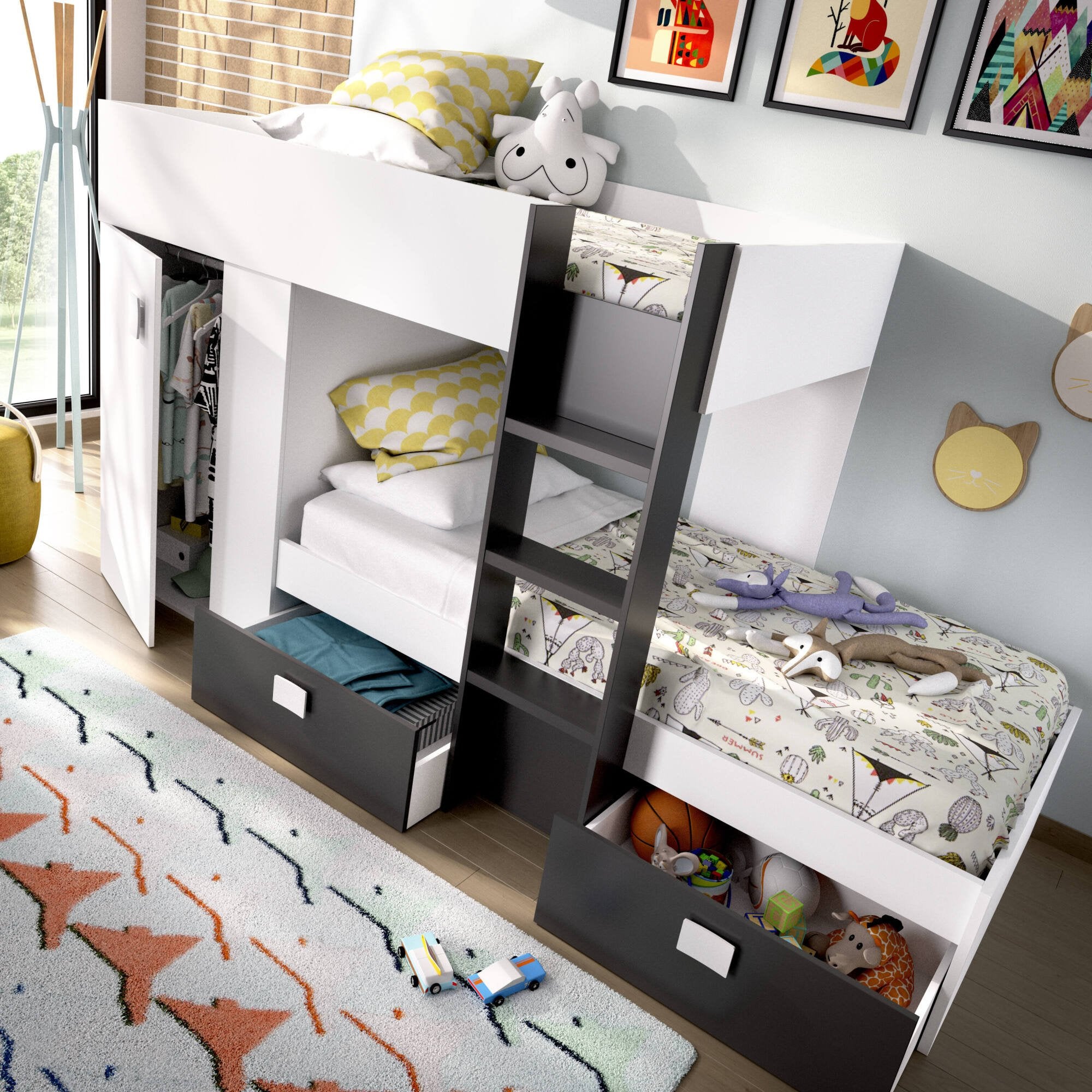 Letto per bambini Araba, Cameretta completa con armadio e cassetti, Composizione letto a castello con due lettini singoli, 271x111h150 cm, Bianco e Antracite