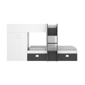 Letto per bambini Araba, Cameretta completa con armadio e cassetti, Composizione letto a castello con due lettini singoli, 271x111h150 cm, Bianco e Antracite