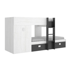 Letto per bambini Araba, Cameretta completa con armadio e cassetti, Composizione letto a castello con due lettini singoli, 271x111h150 cm, Bianco e Antracite