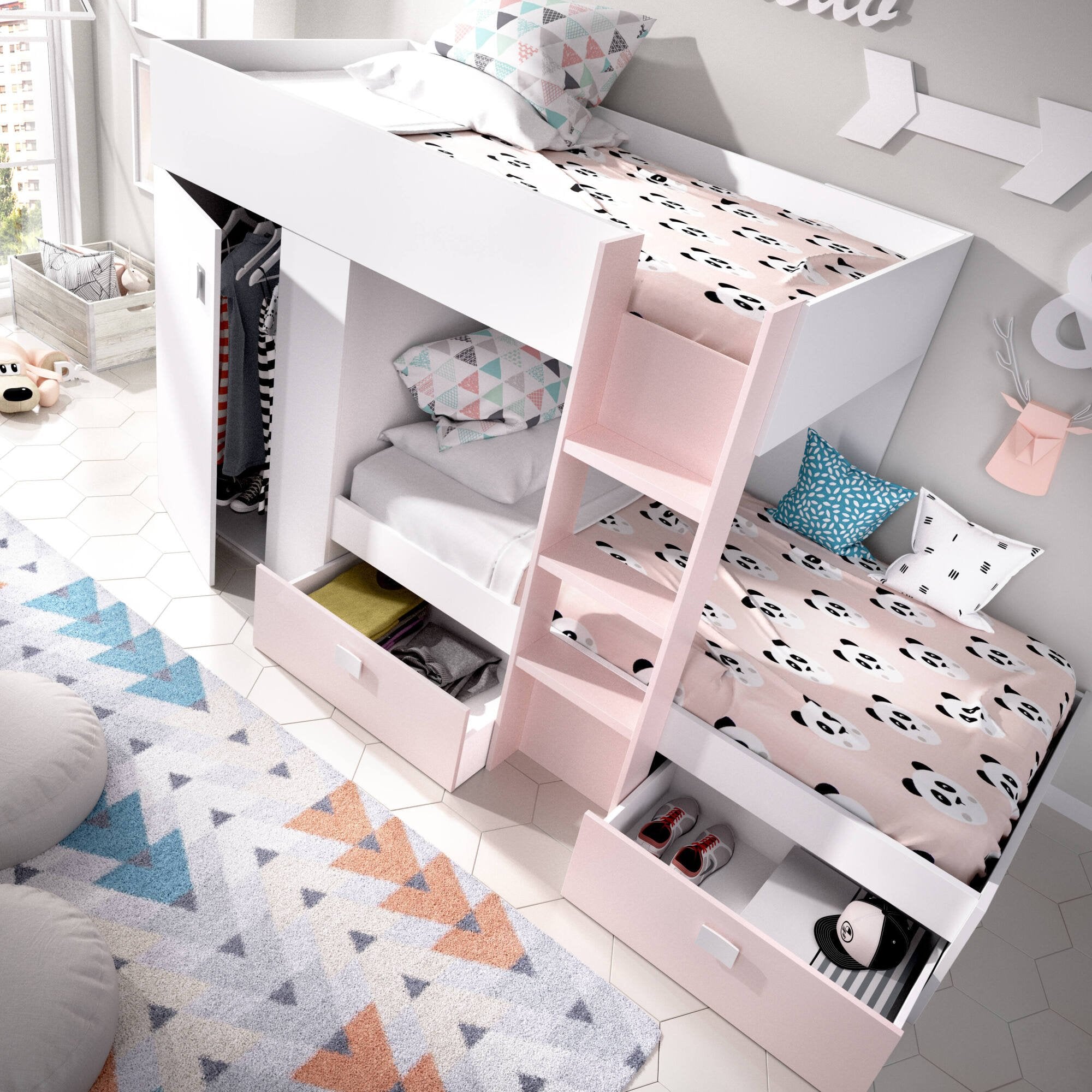 Letto per bambini Araba, Cameretta completa con armadio e cassetti, Composizione letto a castello con due lettini singoli, 271x111h150 cm, Bianco e Rosa