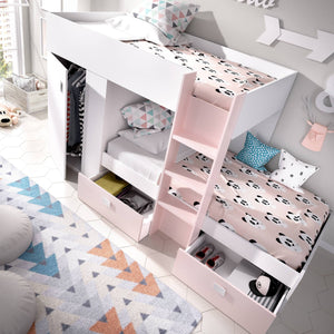 Letto per bambini Araba, Cameretta completa con armadio e cassetti, Composizione letto a castello con due lettini singoli, 271x111h150 cm, Bianco e Rosa