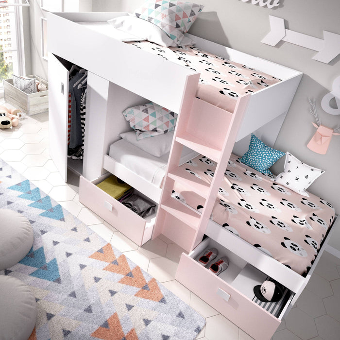 Letto per bambini Araba, Cameretta completa con armadio e cassetti, Composizione letto a castello con due lettini singoli, 271x111h150 cm, Bianco e Rosa