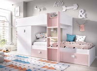Letto per bambini Araba, Cameretta completa con armadio e cassetti, Composizione letto a castello con due lettini singoli, 271x111h150 cm, Bianco e Rosa