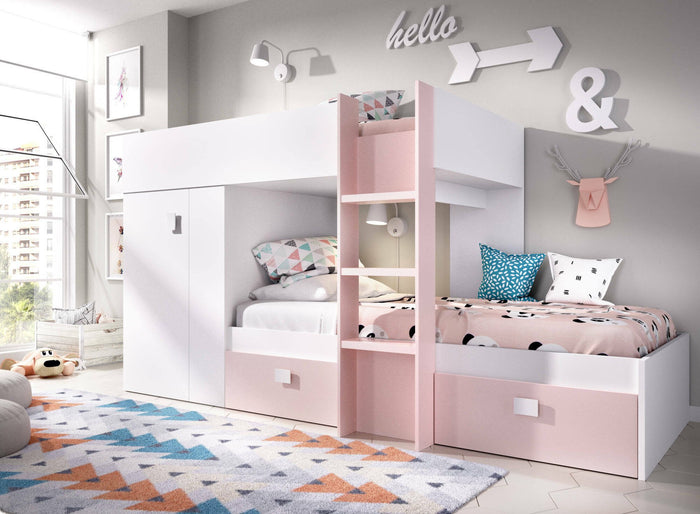 Letto per bambini Araba, Cameretta completa con armadio e cassetti, Composizione letto a castello con due lettini singoli, 271x111h150 cm, Bianco e Rosa