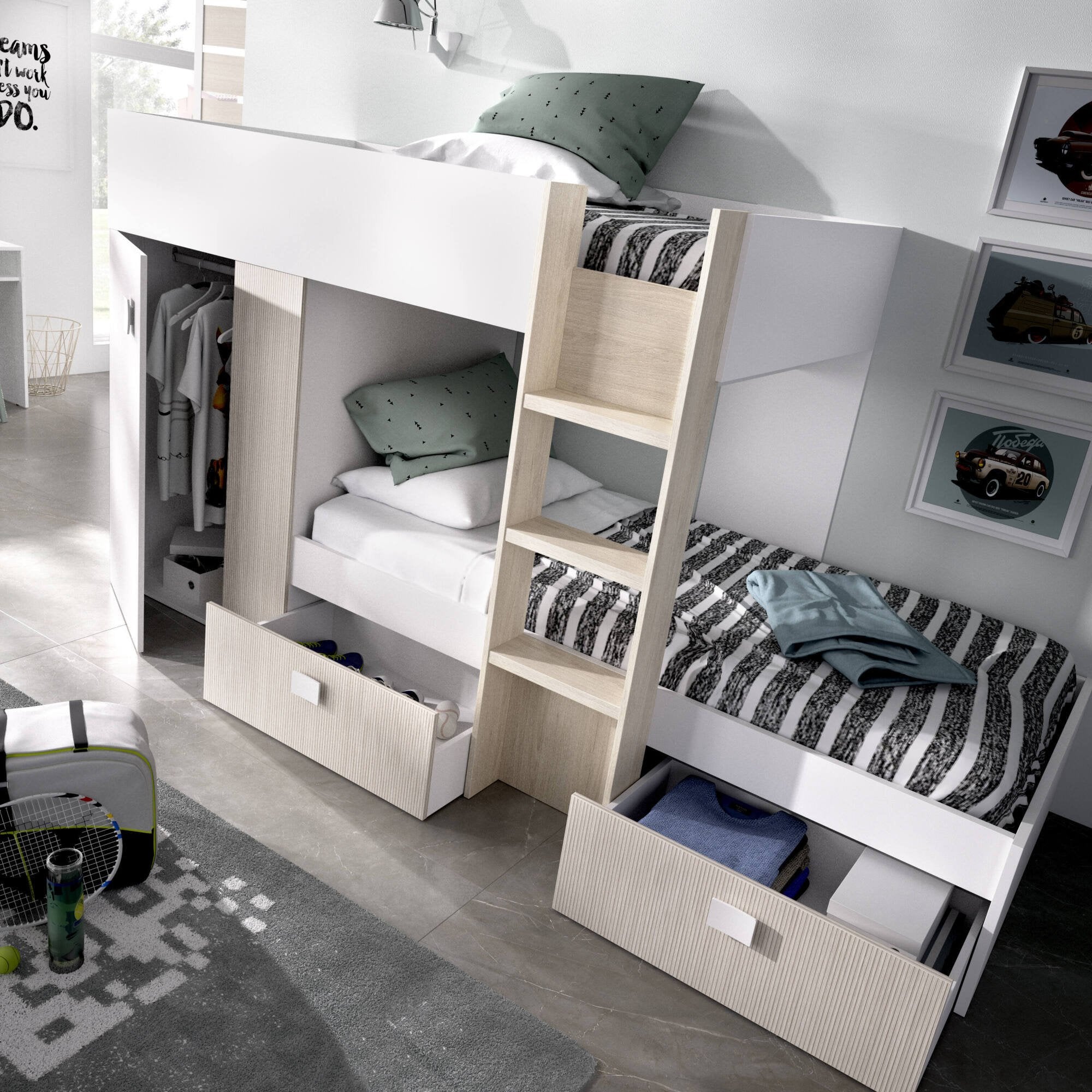 Letto per bambini Araba, Cameretta completa con armadio e cassetti, Composizione letto a castello con due lettini singoli, 271x111h150 cm, Bianco e Rovere