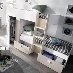 Letto per bambini Araba, Cameretta completa con armadio e cassetti, Composizione letto a castello con due lettini singoli, 271x111h150 cm, Bianco e Rovere