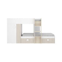 Letto per bambini Araba, Cameretta completa con armadio e cassetti, Composizione letto a castello con due lettini singoli, 271x111h150 cm, Bianco e Rovere