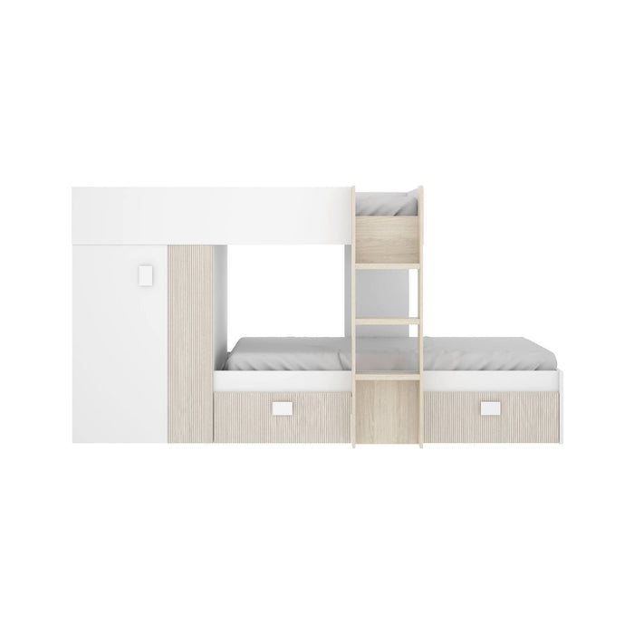 Letto per bambini Araba, Cameretta completa con armadio e cassetti, Composizione letto a castello con due lettini singoli, 271x111h150 cm, Bianco e Rovere