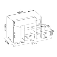 Letto per bambini Araba, Cameretta completa con armadio e cassetti, Composizione letto a castello con due lettini singoli, 271x111h150 cm, Bianco e Rovere