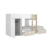 Letto per bambini Araba, Cameretta completa con armadio e cassetti, Composizione letto a castello con due lettini singoli, 271x111h150 cm, Bianco e Rovere