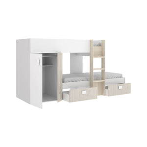 Letto per bambini Araba, Cameretta completa con armadio e cassetti, Composizione letto a castello con due lettini singoli, 271x111h150 cm, Bianco e Rovere