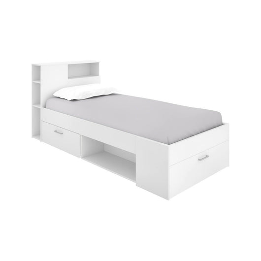 Letto per bambini Adrielle, Lettino per cameretta con testiera, Struttura per letto singolo con cassetto e scaffali, 218x99h96 cm, Bianco