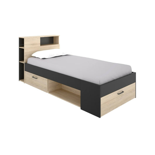 Letto per bambini Adrielle, Lettino per cameretta con testiera, Struttura per letto singolo con cassetto e scaffali, 218x99h96 cm, Rovere e Antracite