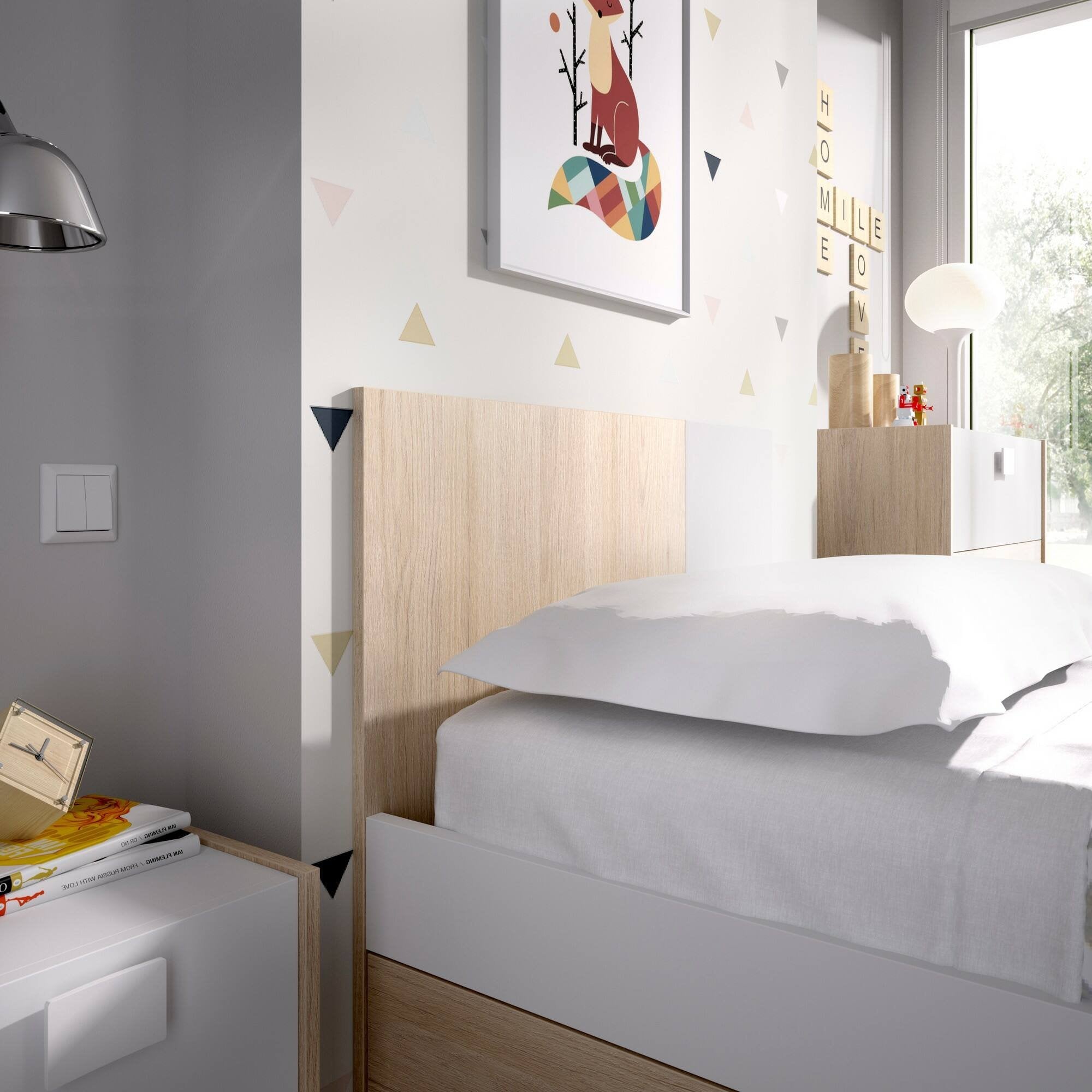 Letto per bambini Allegro, Struttura con secondo lettino estraibile, Letto singolo per cameretta, 196x97h79 cm, Bianco e Rovere