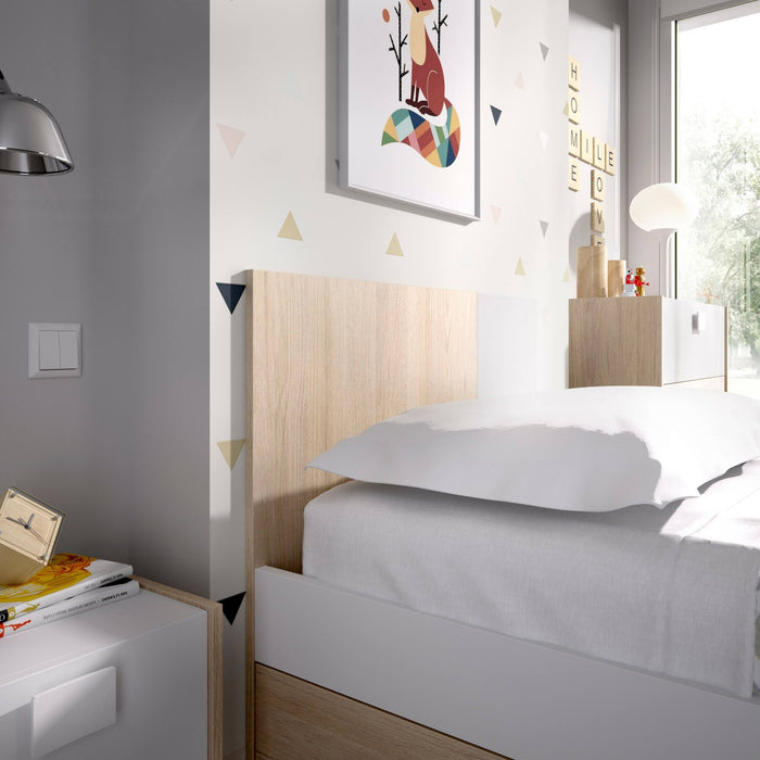 Letto per bambini Allegro, Struttura con secondo lettino estraibile, Letto singolo per cameretta, 196x97h79 cm, Bianco e Rovere