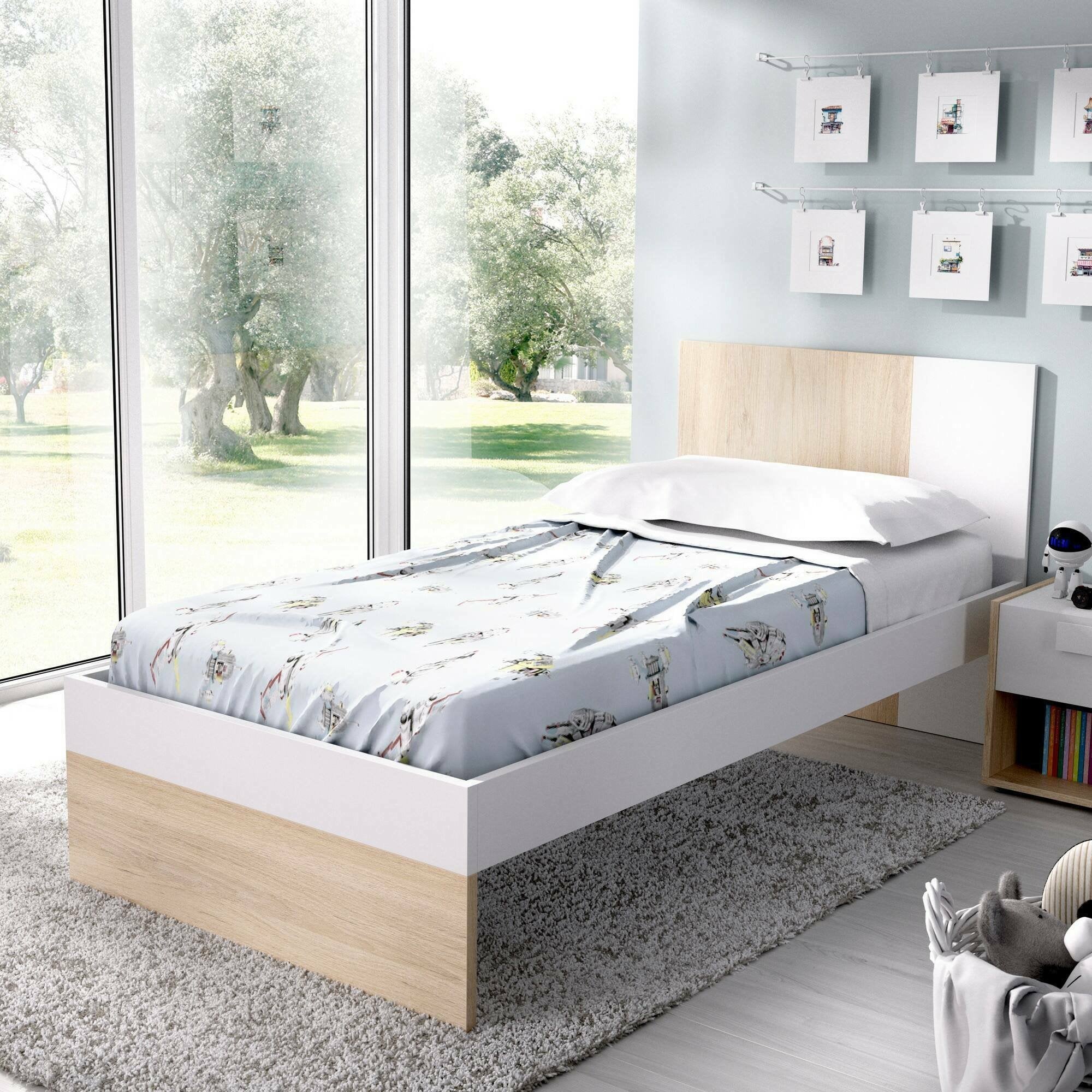 Letto per bambini Allegro, Struttura con secondo lettino estraibile, Letto singolo per cameretta, 196x97h79 cm, Bianco e Rovere