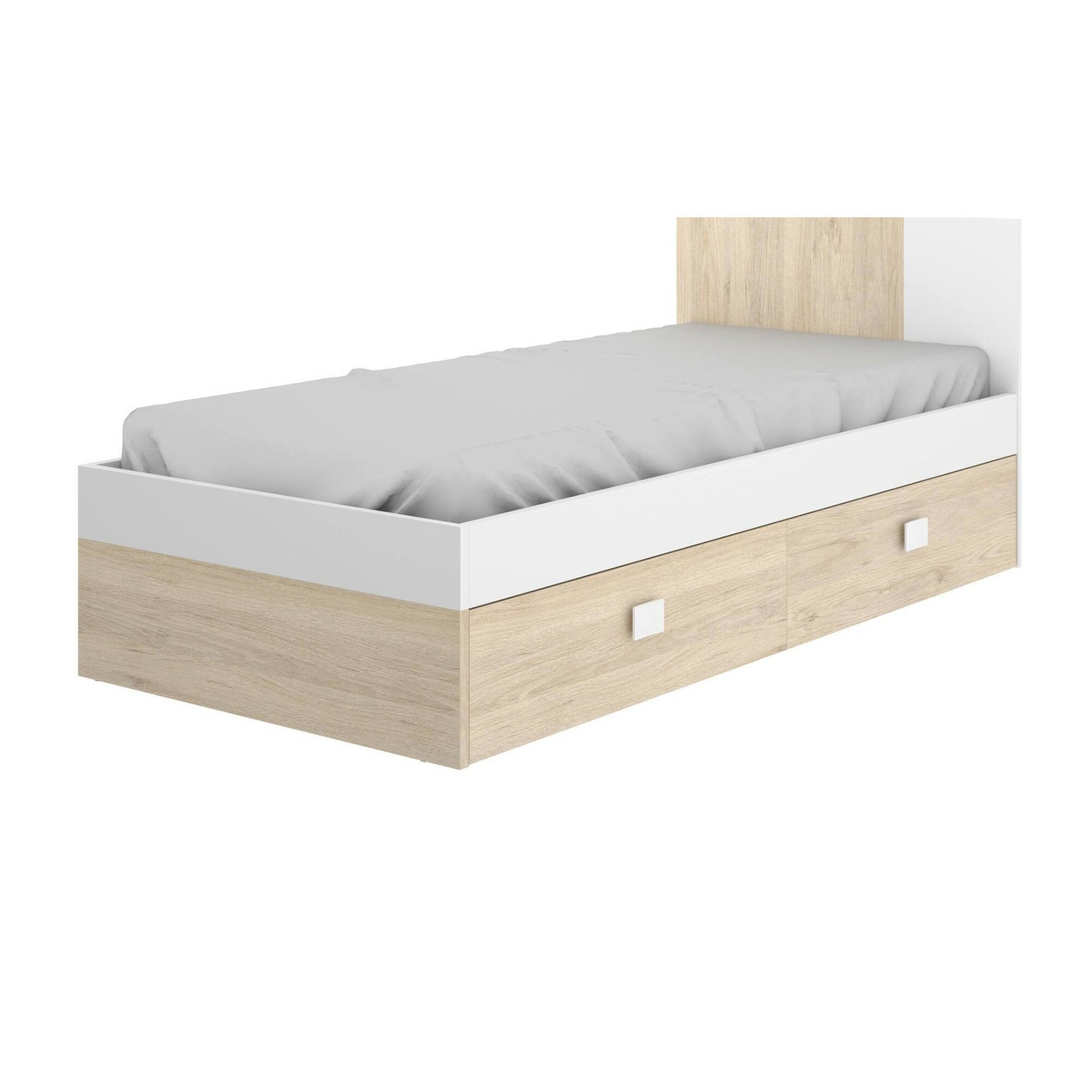 Letto per bambini Allegro, Struttura con secondo lettino estraibile, Letto singolo per cameretta, 196x97h79 cm, Bianco e Rovere