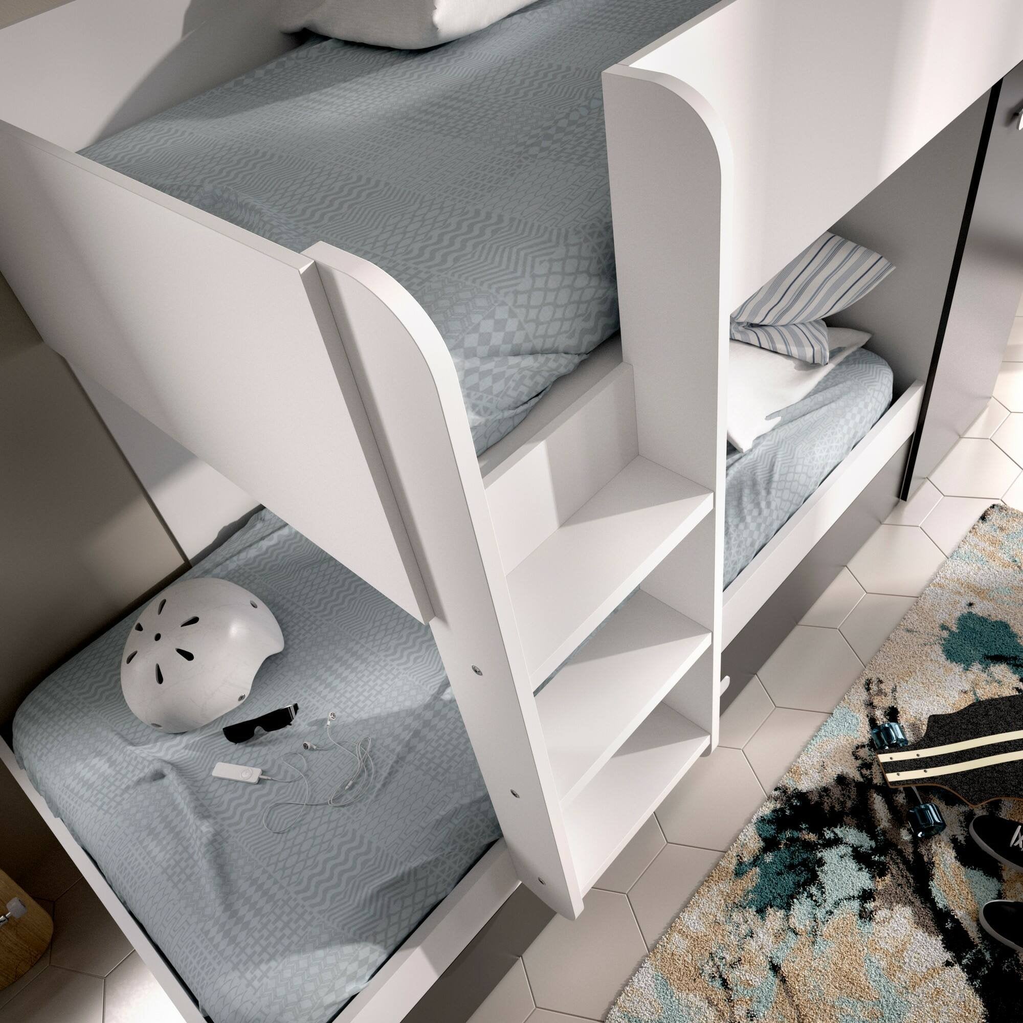 Letto per bambini Hikaa, Cameretta completa con armadio e cassetto, Composizione letto a castello con due lettini singoli, 244x112h150 cm, Bianco e Antracite