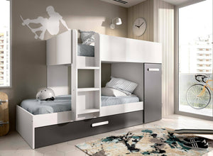 Letto per bambini Hikaa, Cameretta completa con armadio e cassetto, Composizione letto a castello con due lettini singoli, 244x112h150 cm, Bianco e Antracite
