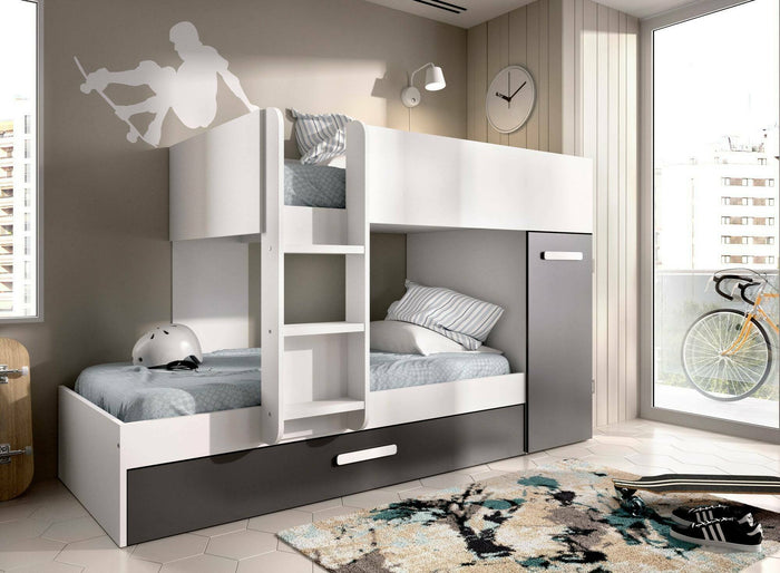 Letto per bambini Hikaa, Cameretta completa con armadio e cassetto, Composizione letto a castello con due lettini singoli, 244x112h150 cm, Bianco e Antracite