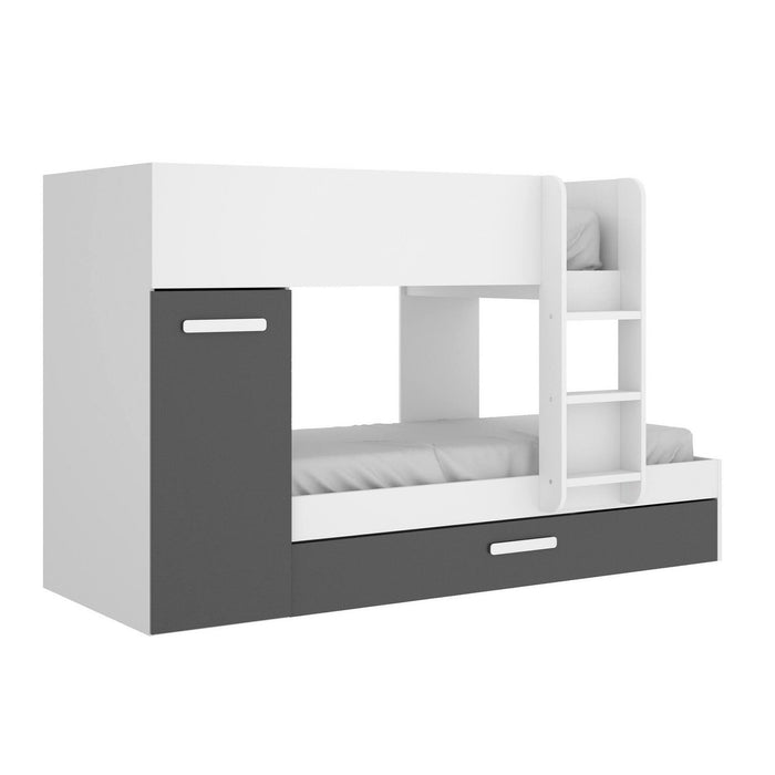 Letto per bambini Hikaa, Cameretta completa con armadio e cassetto, Composizione letto a castello con due lettini singoli, 244x112h150 cm, Bianco e Antracite