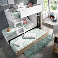 Letto per bambini Hikaa, Cameretta completa con armadio e cassetto, Composizione letto a castello con due lettini singoli, 244x112h150 cm, Rovere e Bianco