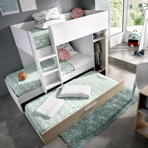 Letto per bambini Hikaa, Cameretta completa con armadio e cassetto, Composizione letto a castello con due lettini singoli, 244x112h150 cm, Rovere e Bianco