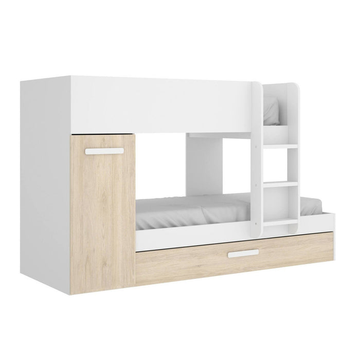 Letto per bambini Hikaa, Cameretta completa con armadio e cassetto, Composizione letto a castello con due lettini singoli, 244x112h150 cm, Rovere e Bianco