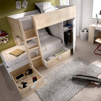 Letto per bambini Pax, Cameretta completa con armadio e cassetti, Composizione letto a castello con due lettini singoli, 255x112h150 cm, Bianco e Rovere