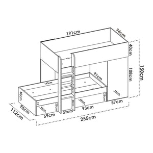 Letto per bambini Pax, Cameretta completa con armadio e cassetti, Composizione letto a castello con due lettini singoli, 255x112h150 cm, Bianco e Rovere