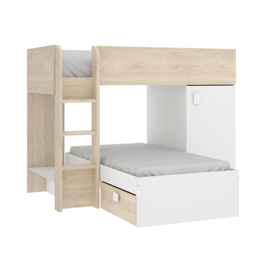 Letto per bambini Pax, Cameretta completa con armadio e cassetti, Composizione letto a castello con due lettini singoli, 255x112h150 cm, Bianco e Rovere