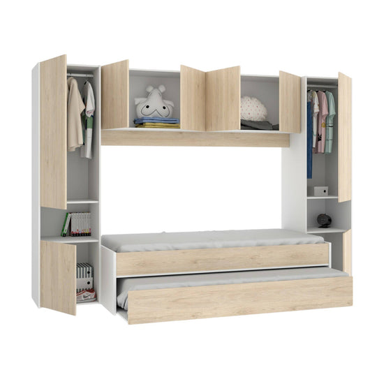 Letto per bambini Giustizia, Cameretta completa con armadio a ponte e cassettone, Composizione con letto e lettino singolo estraibile, 303x97h203 cm, Rovere e Bianco