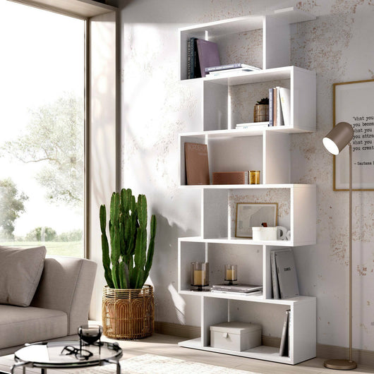 Libreria Dfomme, Mobile portalibri alta bifacciale, Scaffale divisorio con 5 ripiani, Scaffale da ufficio moderno, cm 80x25h192, Bianco lucido