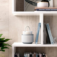 Libreria Dfanes, Mobile portalibri bassa bifacciale, Scaffale con tre scomparti, Scaffale moderno da ufficio, cm 110x24h97, Bianco lucido