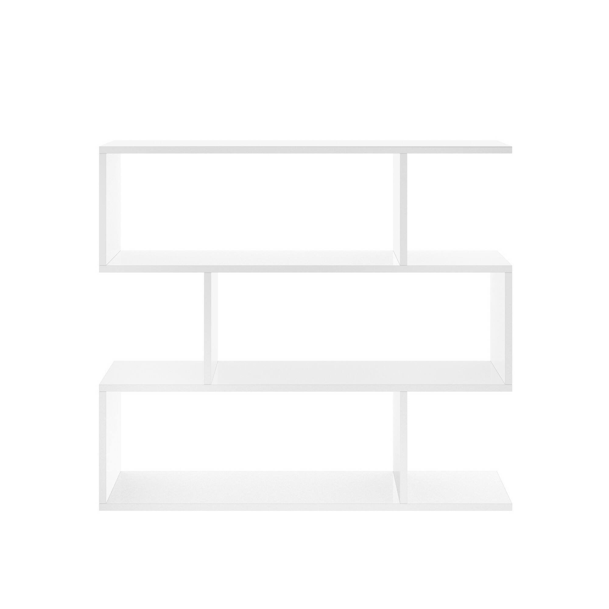 Libreria Dfanes, Mobile portalibri bassa bifacciale, Scaffale con tre scomparti, Scaffale moderno da ufficio, cm 110x24h97, Bianco lucido